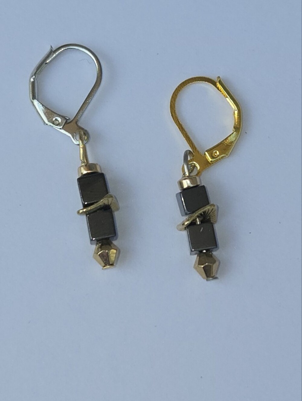 Gold & Silver Tone Hematite Cube Drop Earrings Surgical Grade Stainless Steel